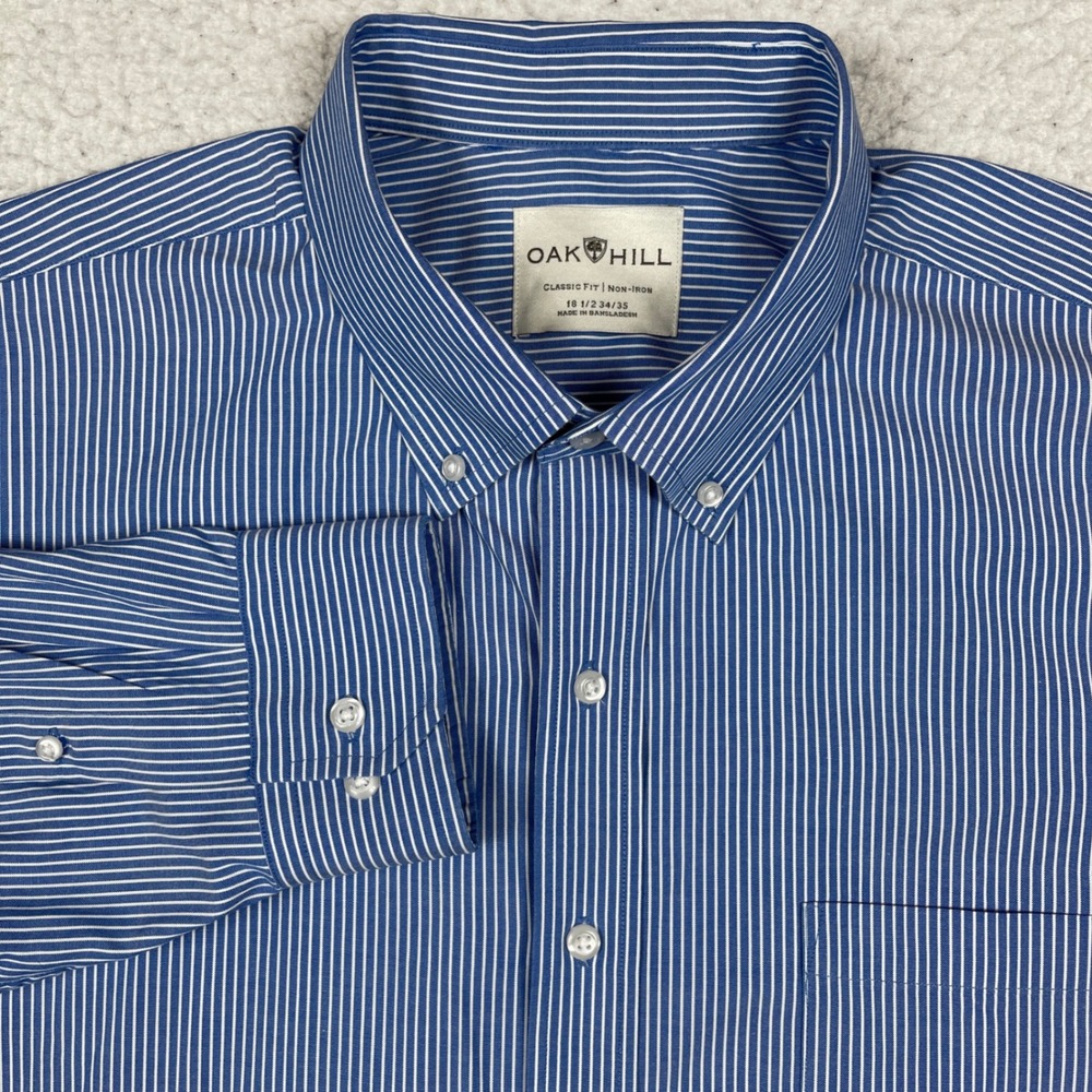 Oak Hill Button Down Shirt Mens 18.5 34/35 Blue Pinstripe Non-Iron Preppy Office